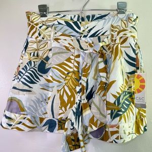 NWT C&C California Tropical Fern Print Paper Bag Waist 100% Linen Shorts L